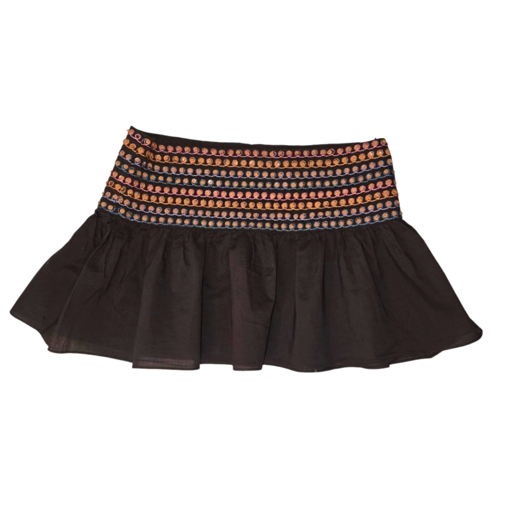 Y2K ♥︎ OLD Navy ♥︎ Chocolate Brown Beaded Embroidered Cotton Boho Mini Skirt